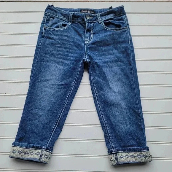 VANILLA STAR Girls Sz 12 Blue Cropped Capri JEANS Embroidered Adjastable Waist - Picture 1 of 9